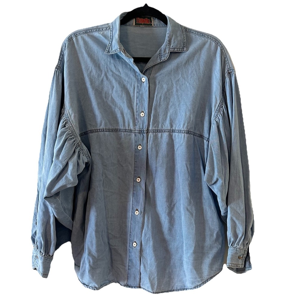 Tianello Womens Blue Button Up LS Balloon Sleeve Shirt Top Boxy Denim Sz L ? *R*